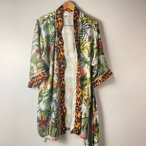 Averie Sleep Satin Tropical Jungle Print Robe Leopard trim